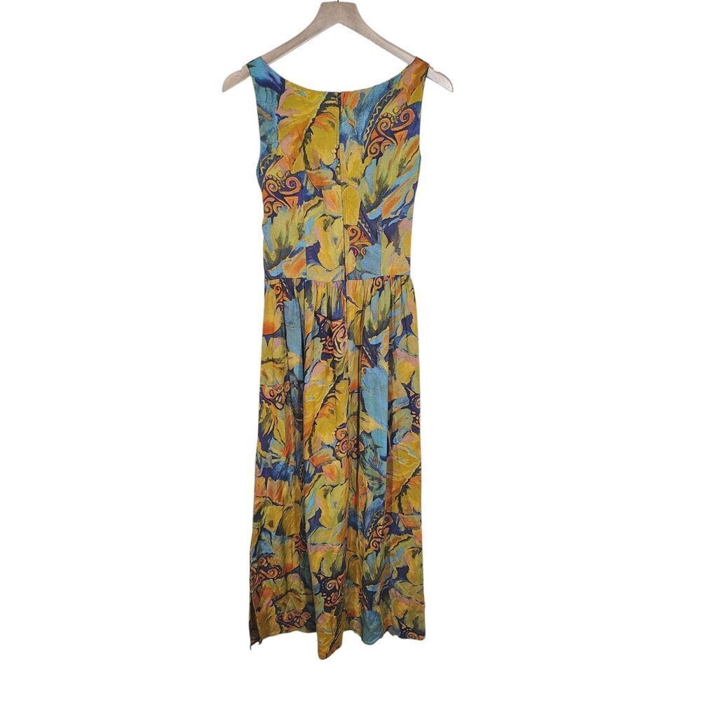 Vintage 90s Abstract Print Midi Dress Size M Sleeveless Tie Waist Retro Artsy - Picture 2 of 8